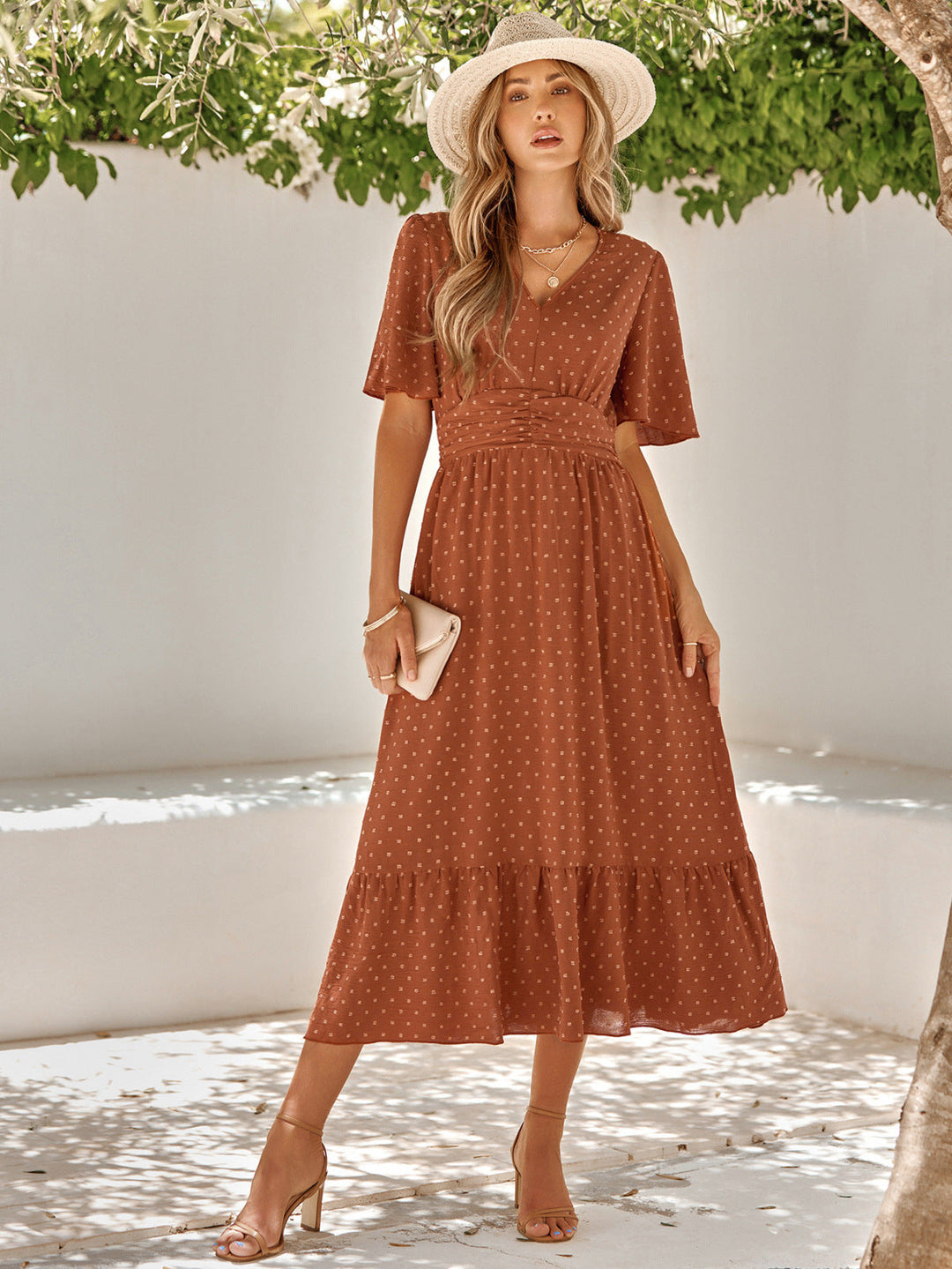 Solid V-neck Swiss Dots A-Line Midi Dress