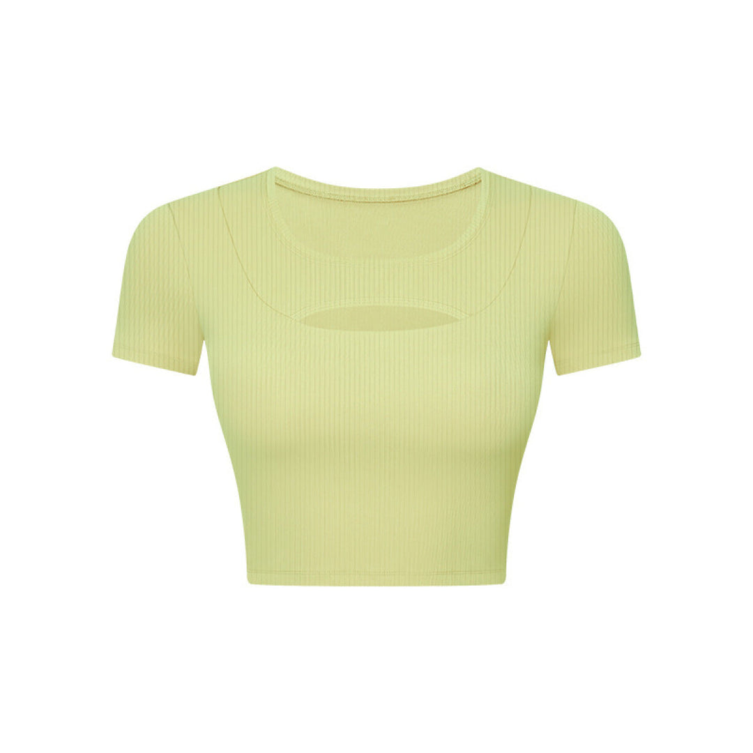 Solid Ribbed Round Neck Cut Out Crop Active Top