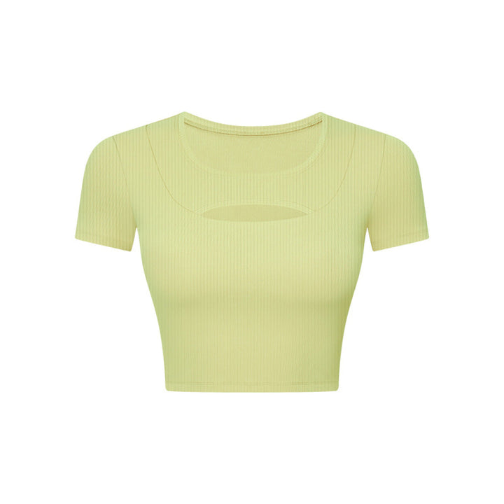 Solid Ribbed Round Neck Cut Out Crop Active Top