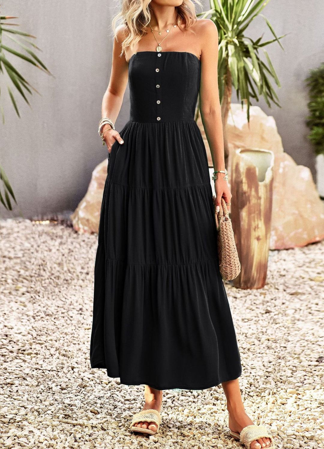 Strapless Buttoned Pleated Tiered Dress With Pocket