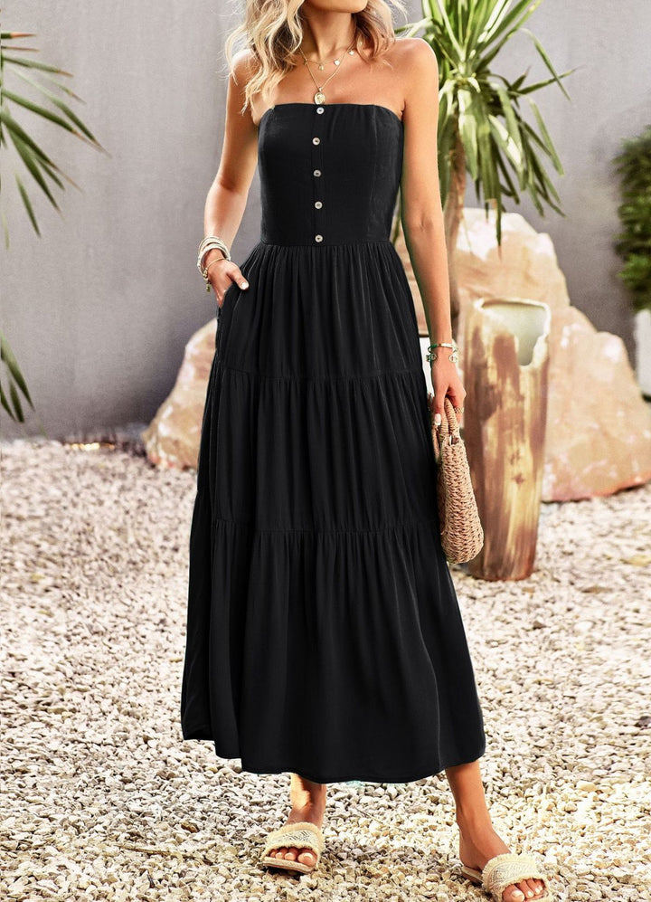 Strapless Buttoned Pleated Tiered Dress With Pocket