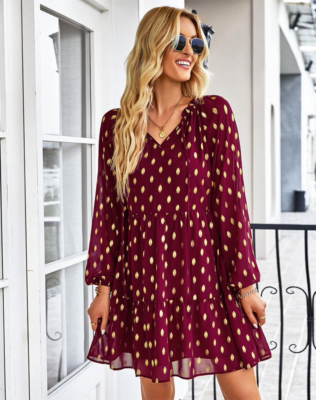 V-Neck Balloon Sleeve Polka Dot Dress - Mini Dress