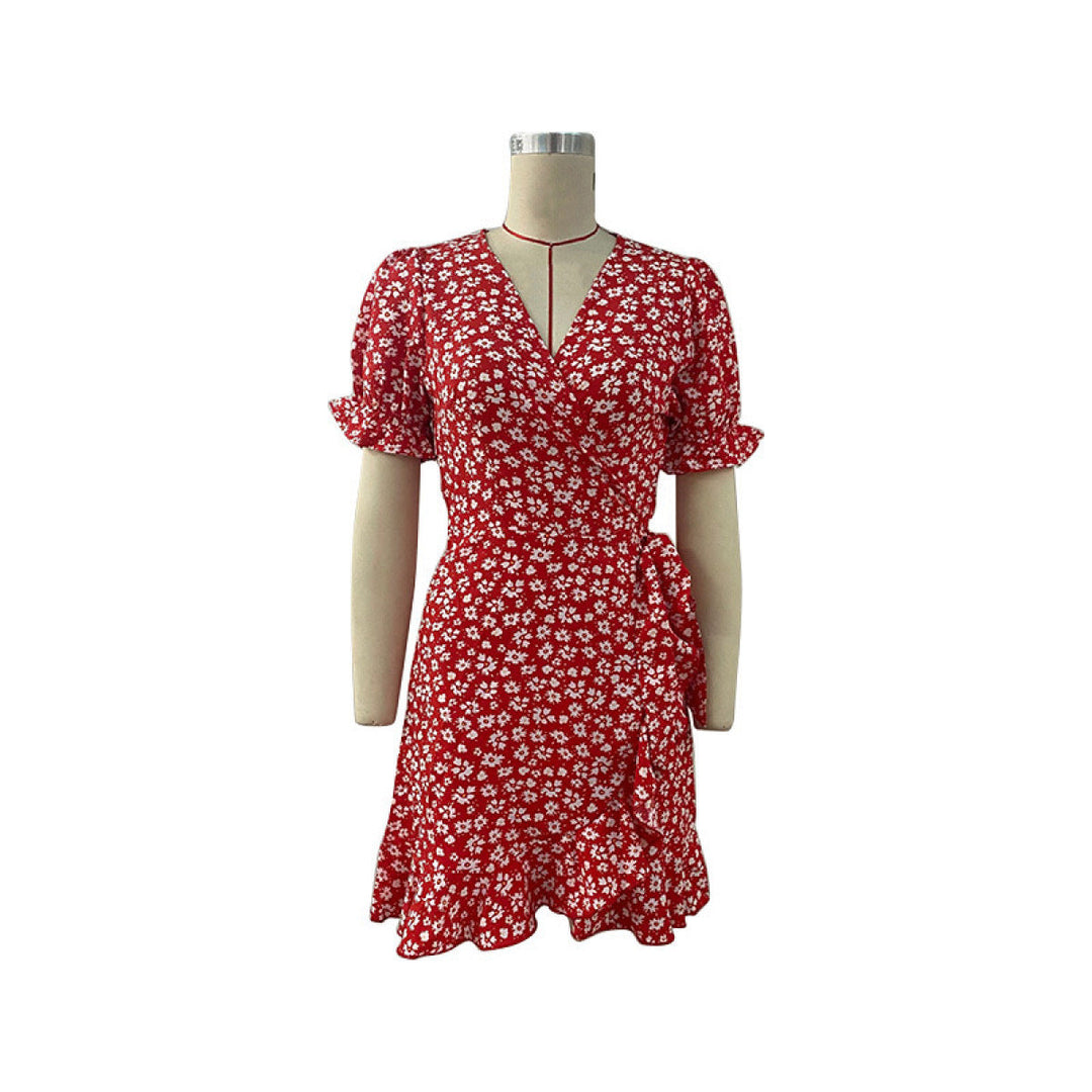 Surplice Puff Sleeve Tie-waist Ditsy Floral Wrap Dress