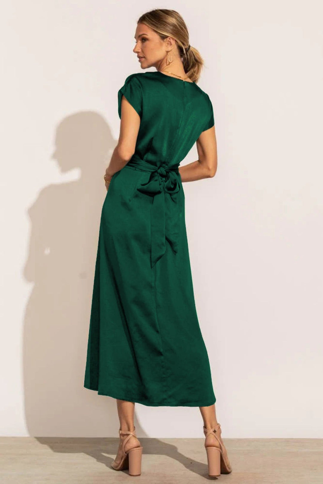 Solid Round Neck Tie Back Midi Dress