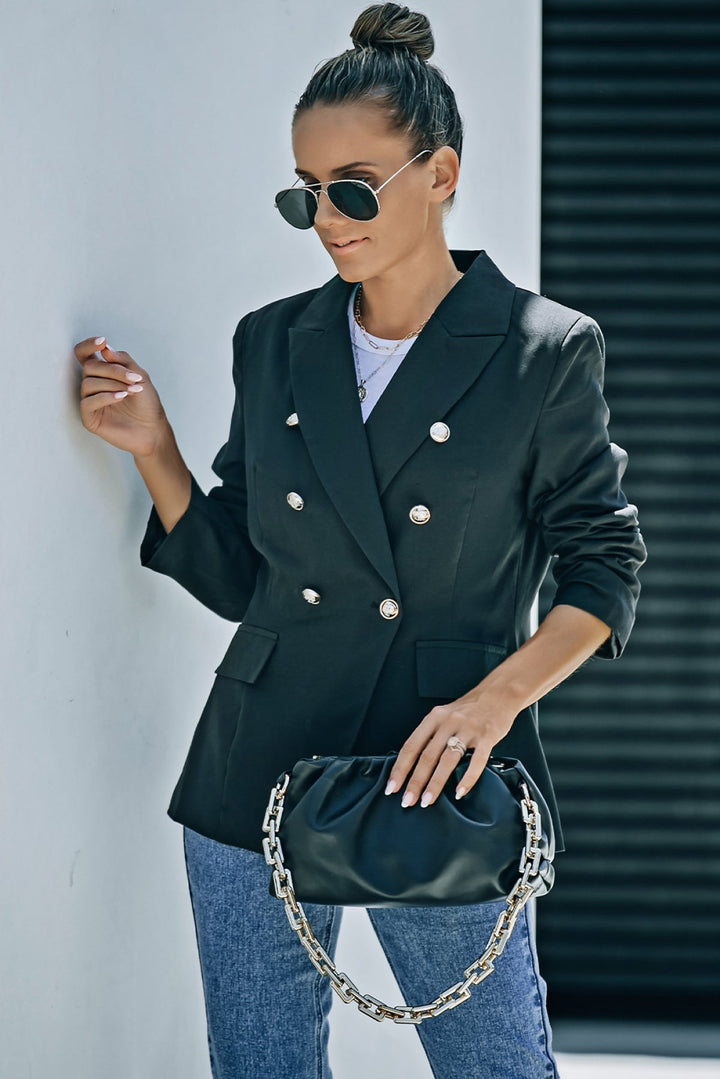 Black Double Breasted Lapel Collar Pocketed Blazer