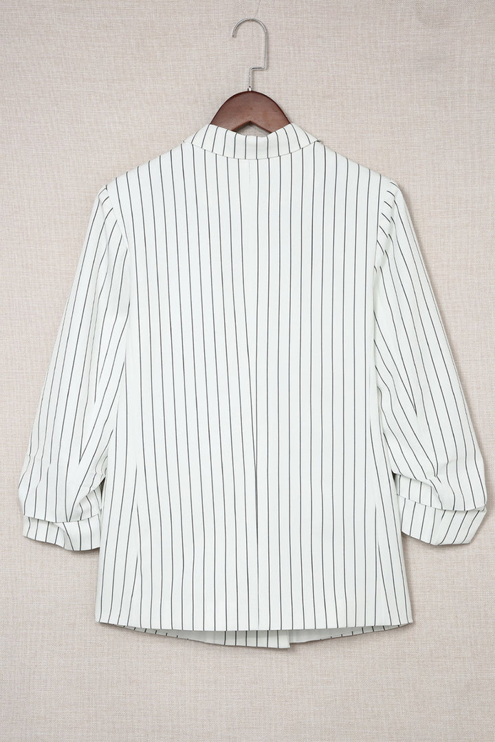White Double-Breasted Striped Blazer with Pocket