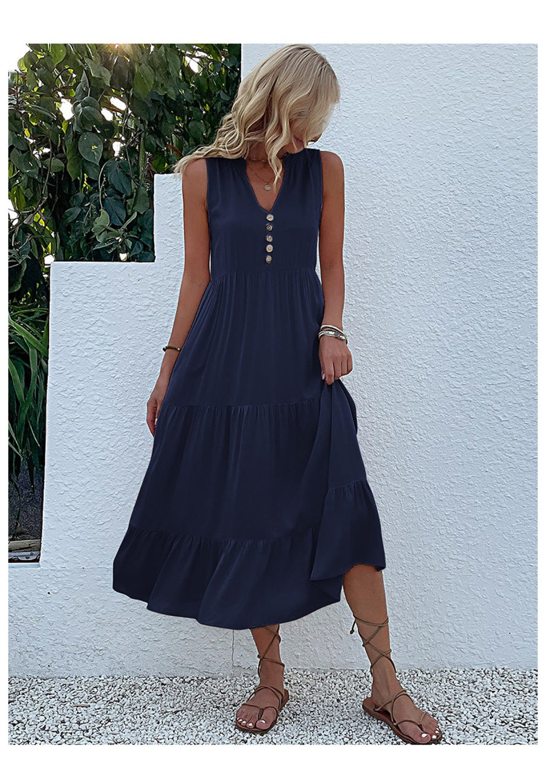 Solid Notched Buttoned Tiered Maxi Dress