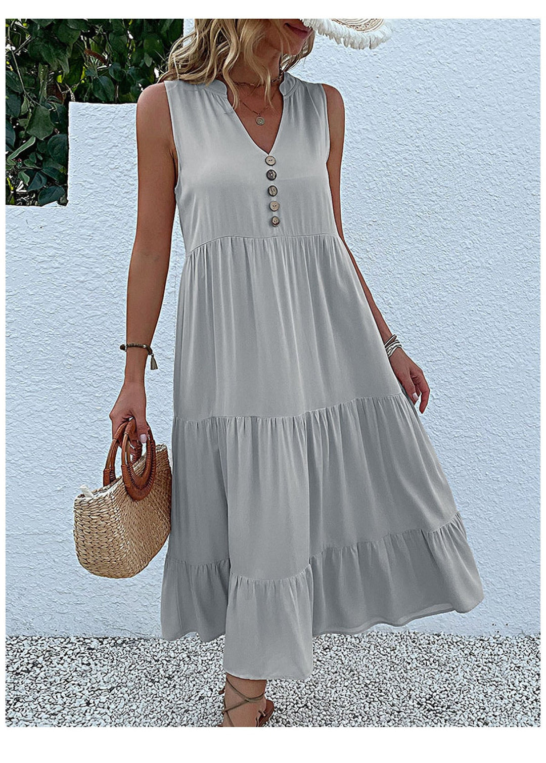 Solid Notched Buttoned Tiered Maxi Dress