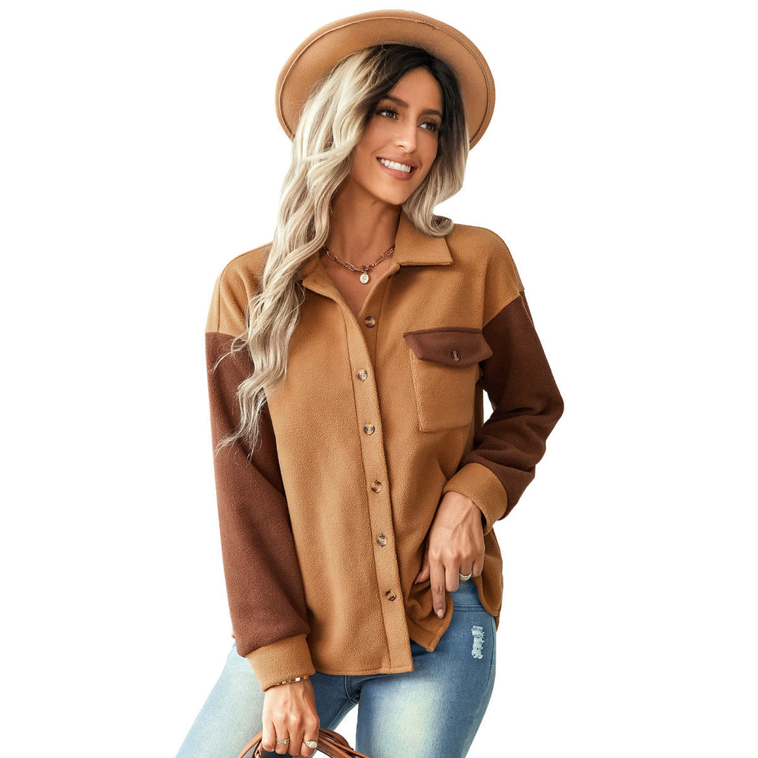 Shirt Collared Long Sleeve Single-Breasted Colorblock Jackets With Pockets
