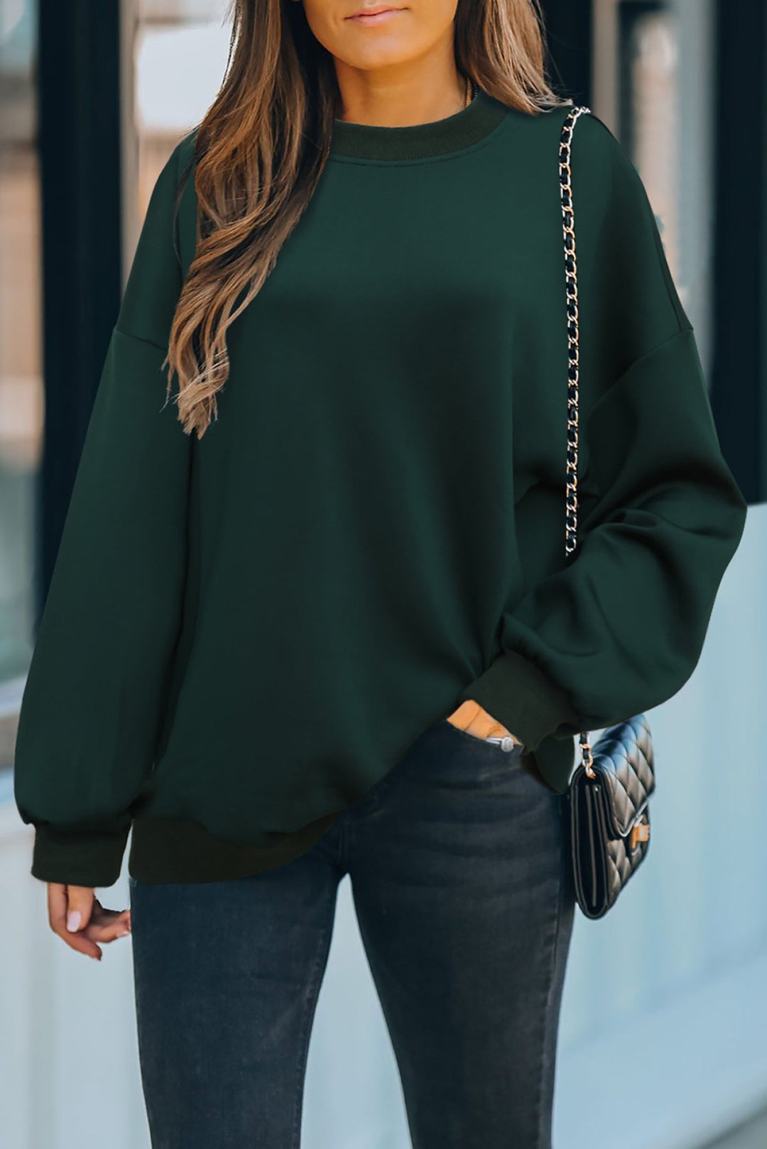 Solid Drop-Shoulder Pullover Sweatshirt