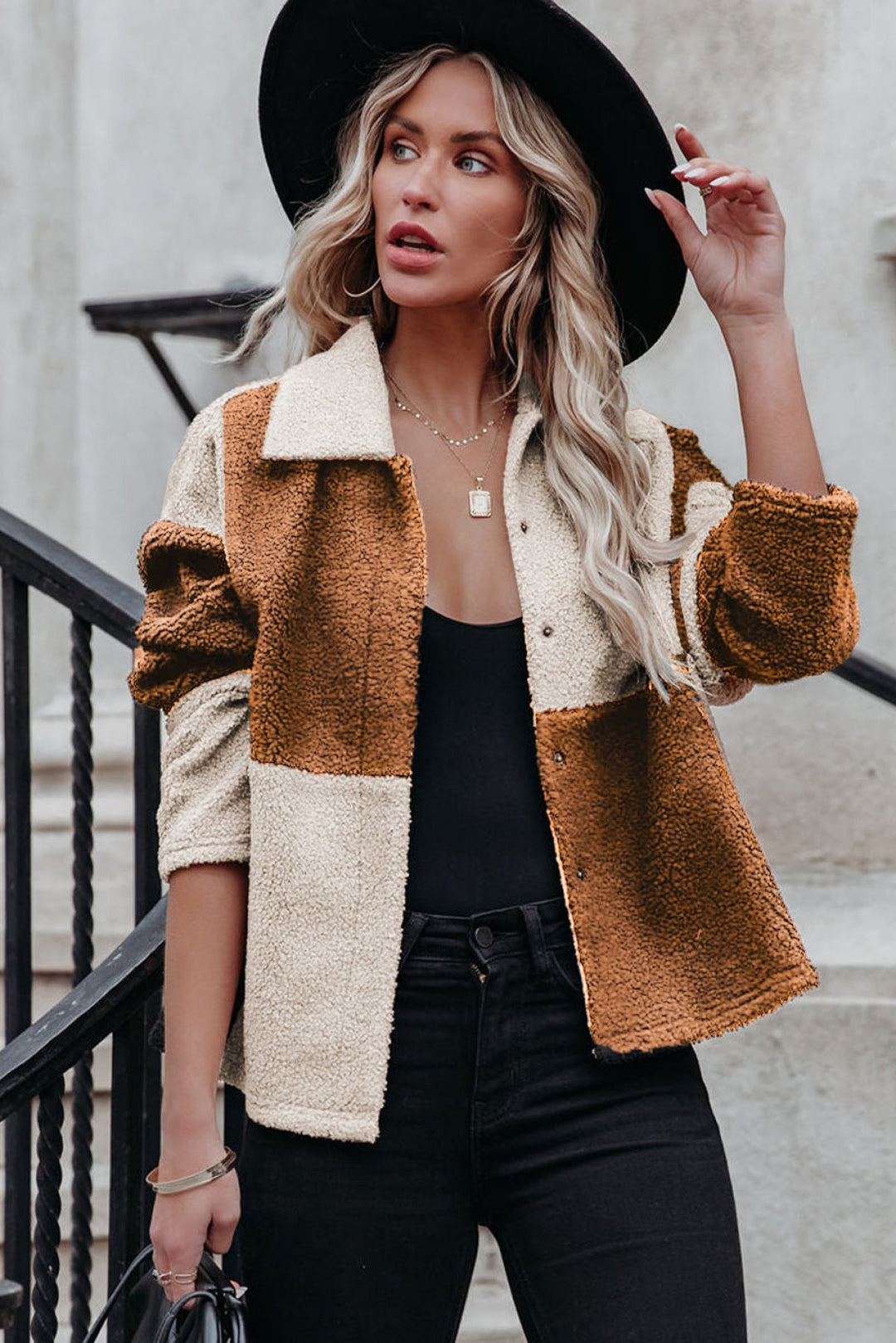 Colorblock Checkered Sherpa Jacket