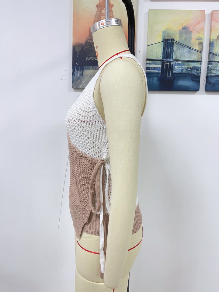 V-Neck Patchwork Knot Fold Sleeveless Top