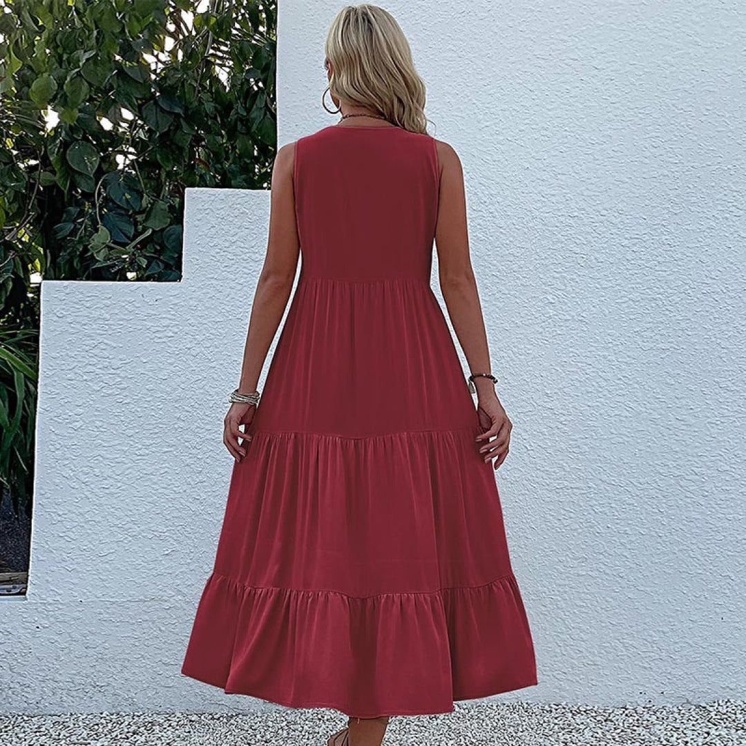 Solid Notched Buttoned Tiered Maxi Dress