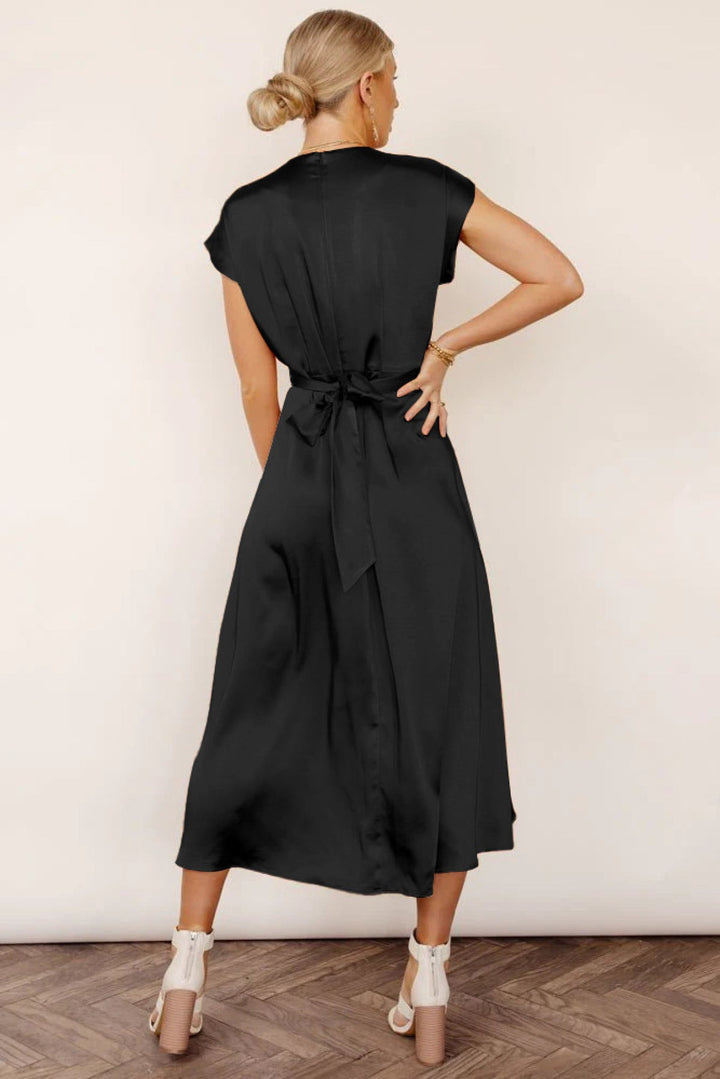 Solid Round Neck Tie Back Midi Dress