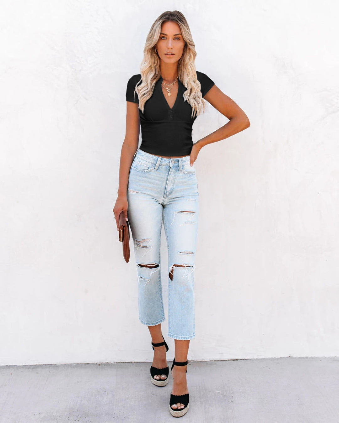 Solid Short Sleeve Buttoned V Neck Crop Top