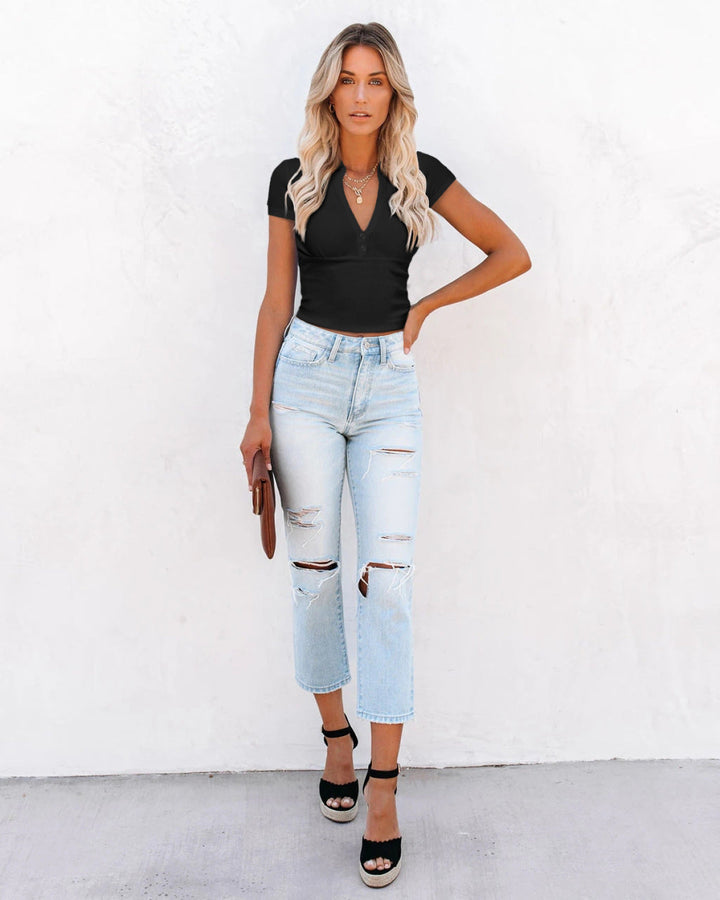 Solid Short Sleeve Buttoned V Neck Crop Top