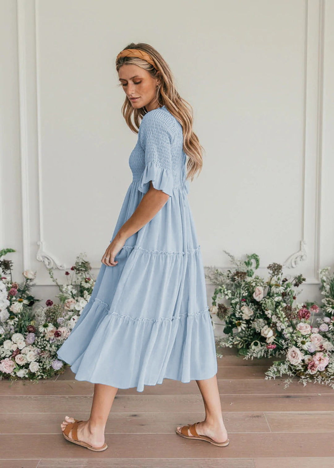 Round Neck Solid Color Smocked A-line Tiered-layered Dress