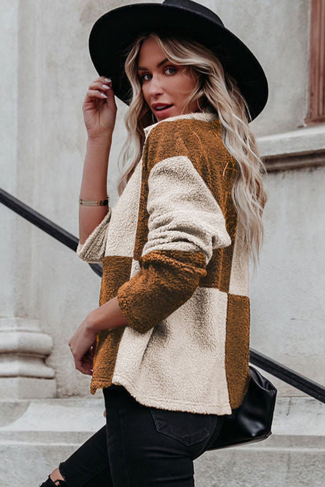 Colorblock Checkered Sherpa Jacket