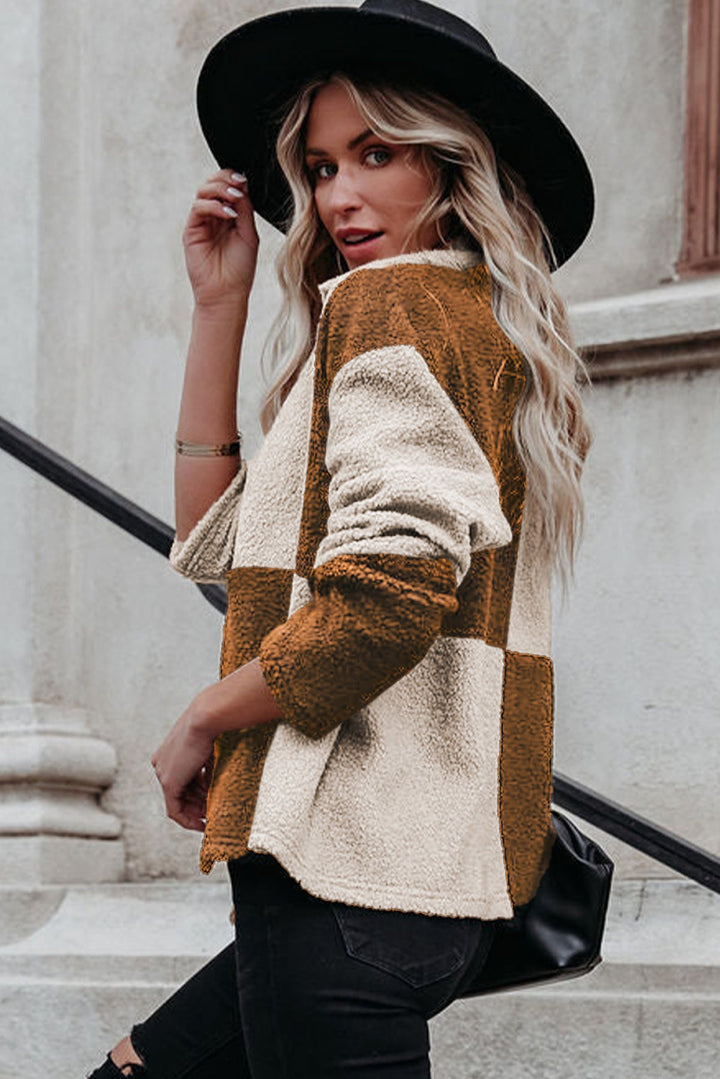 Colorblock Checkered Sherpa Jacket