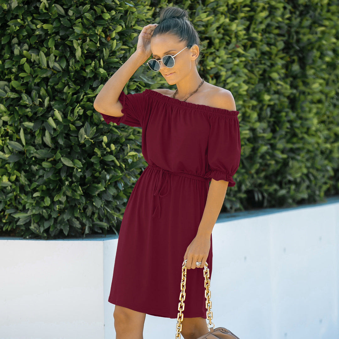 Solid Off-the-Shoulder Elastic Waist Mini Dress