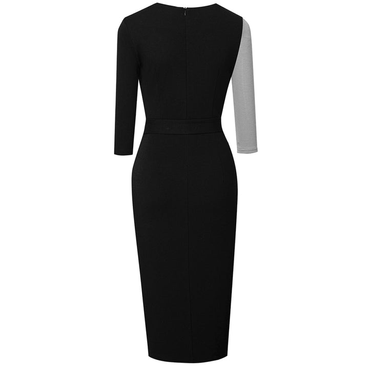 Notched Neck Three-Quarter Sleeve Tie Waist Colorblock Slit Midi Dress
