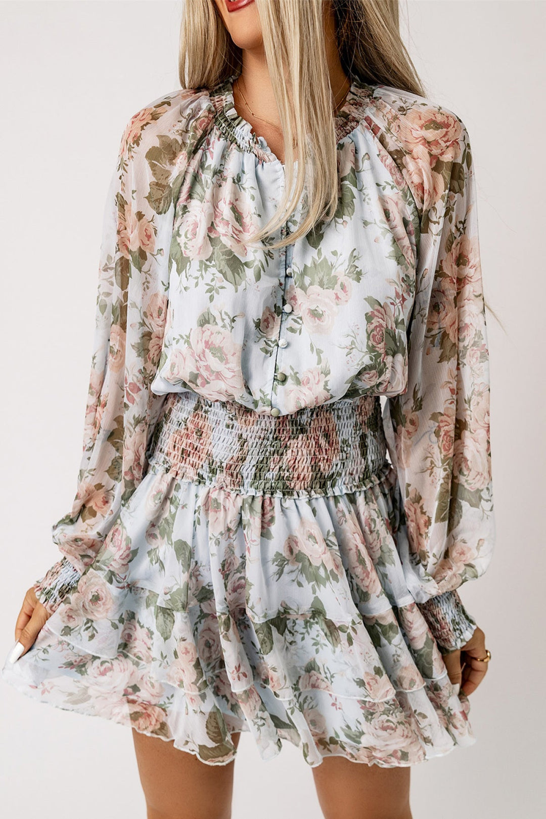 Ruffled Shirred Mini Dress