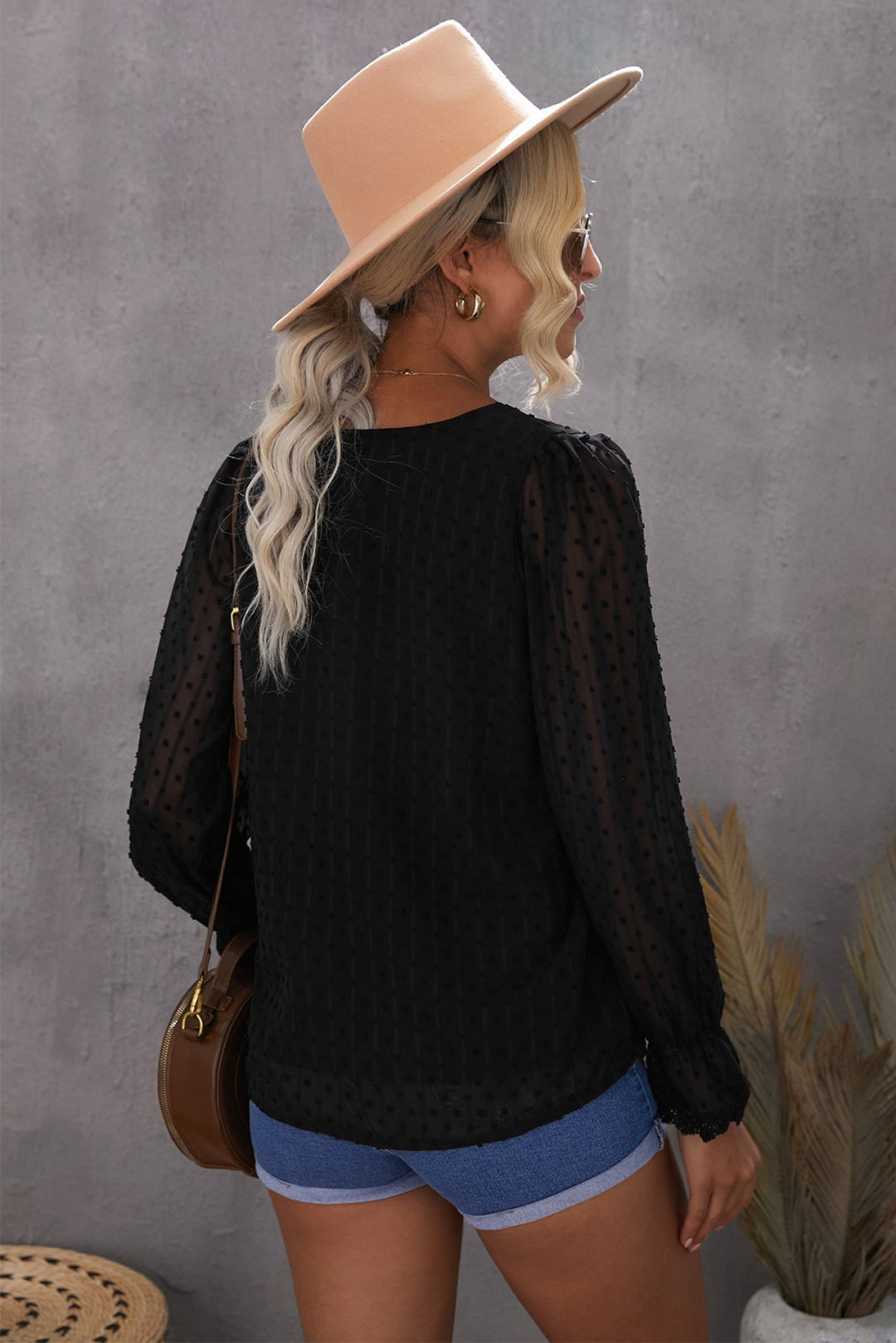 V Neck Puff Sleeve Swiss Dot Blouse