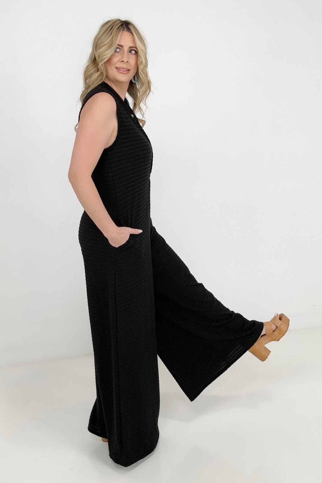 Jade By Jane Button Up Textured Wide Leg Jumpsuit