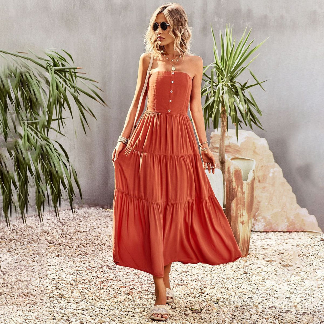 Strapless Buttoned Pleated Tiered Dress With Pocket