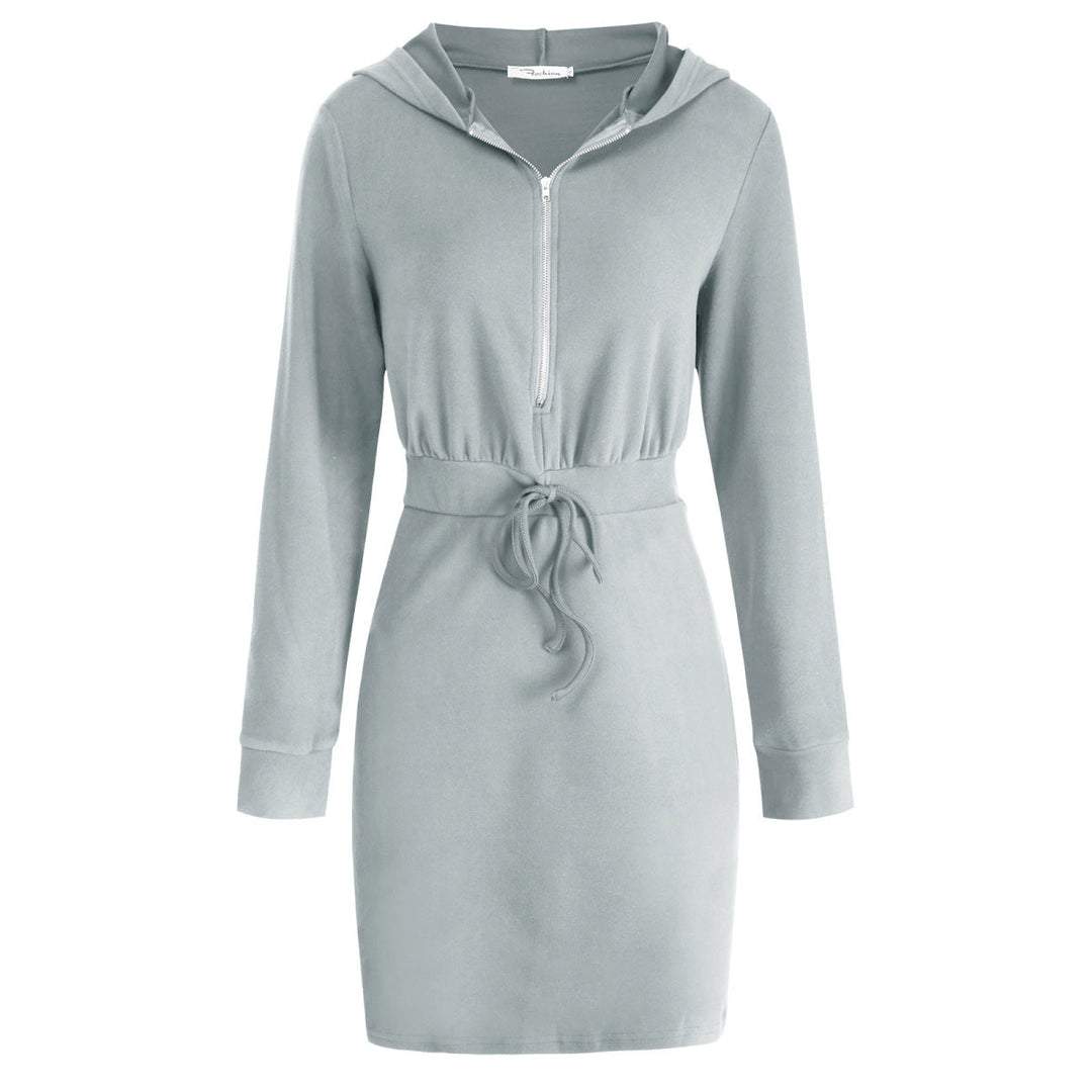 Solid Long Sleeve Zipper Up Hooded Mini Dress