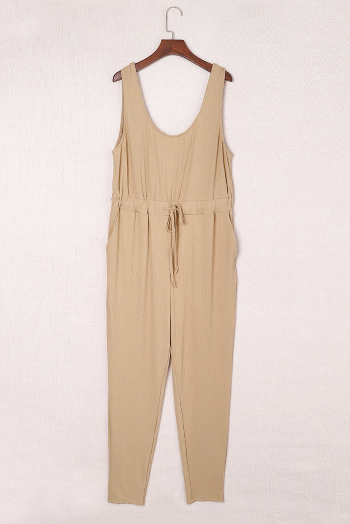 Apricot Ribbed Drawstring Sleeveless Jumpsuit