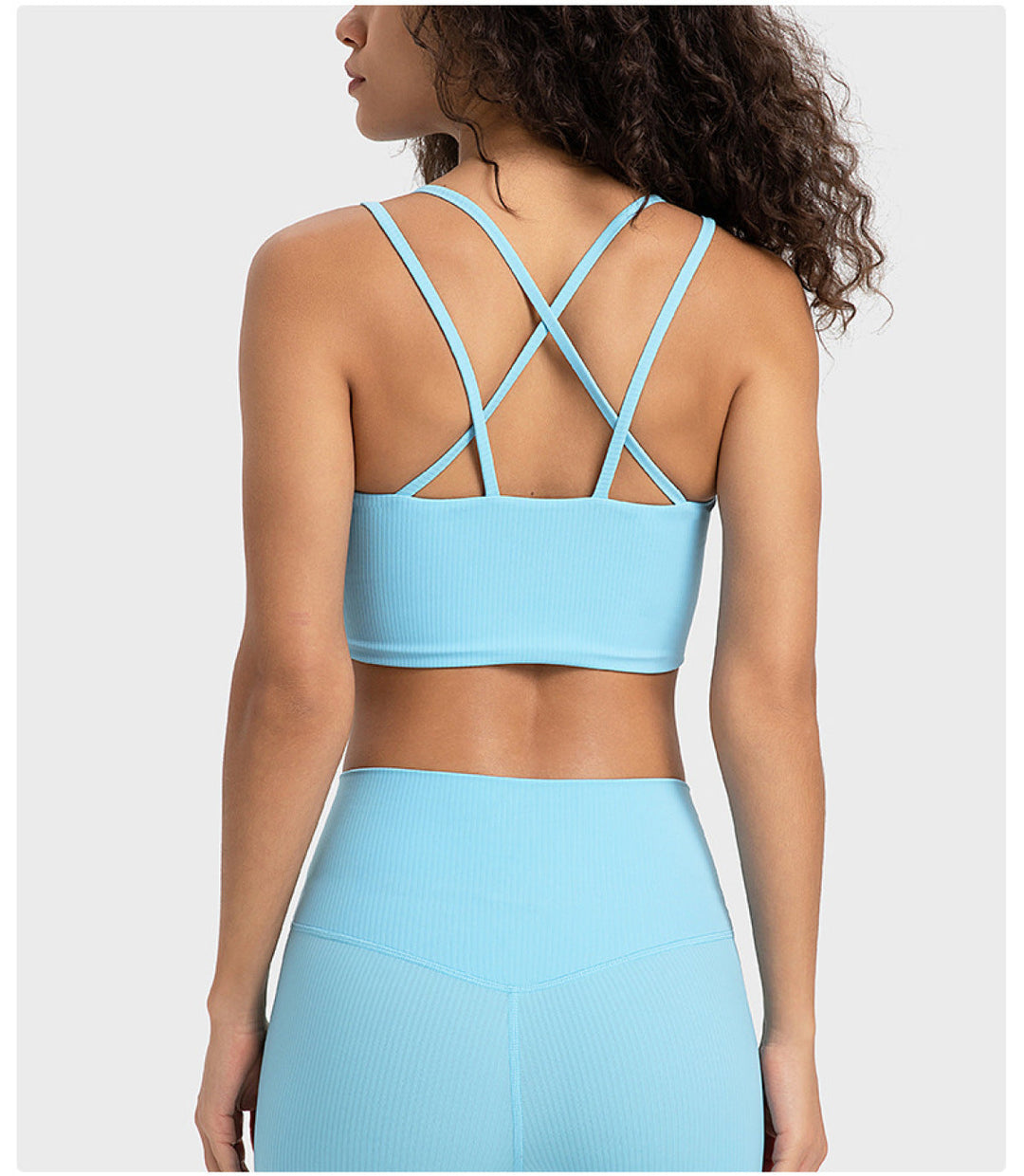 Solid Ribbed Double Shoulder Straps Crisscross Sports Bras