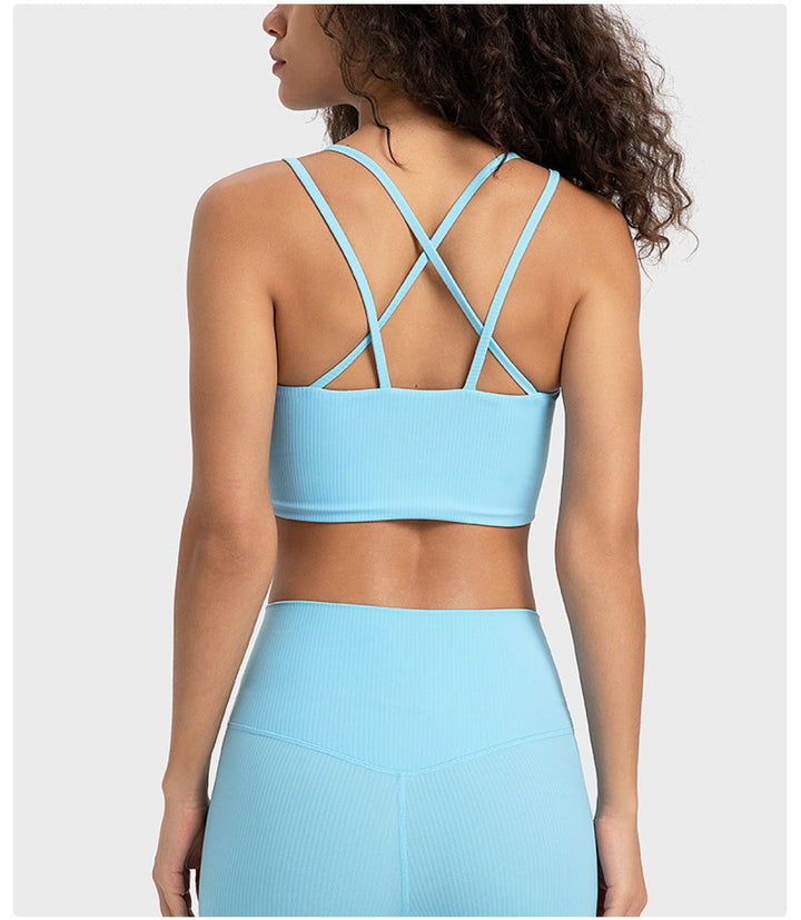 Solid Ribbed Double Shoulder Straps Crisscross Sports Bras