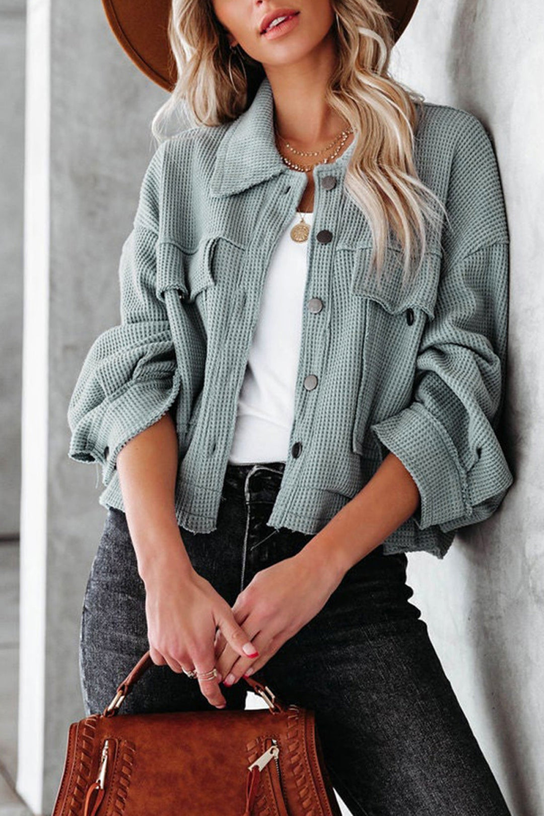 Waffle Knit Buttons Cropped Jacket With Pockets
