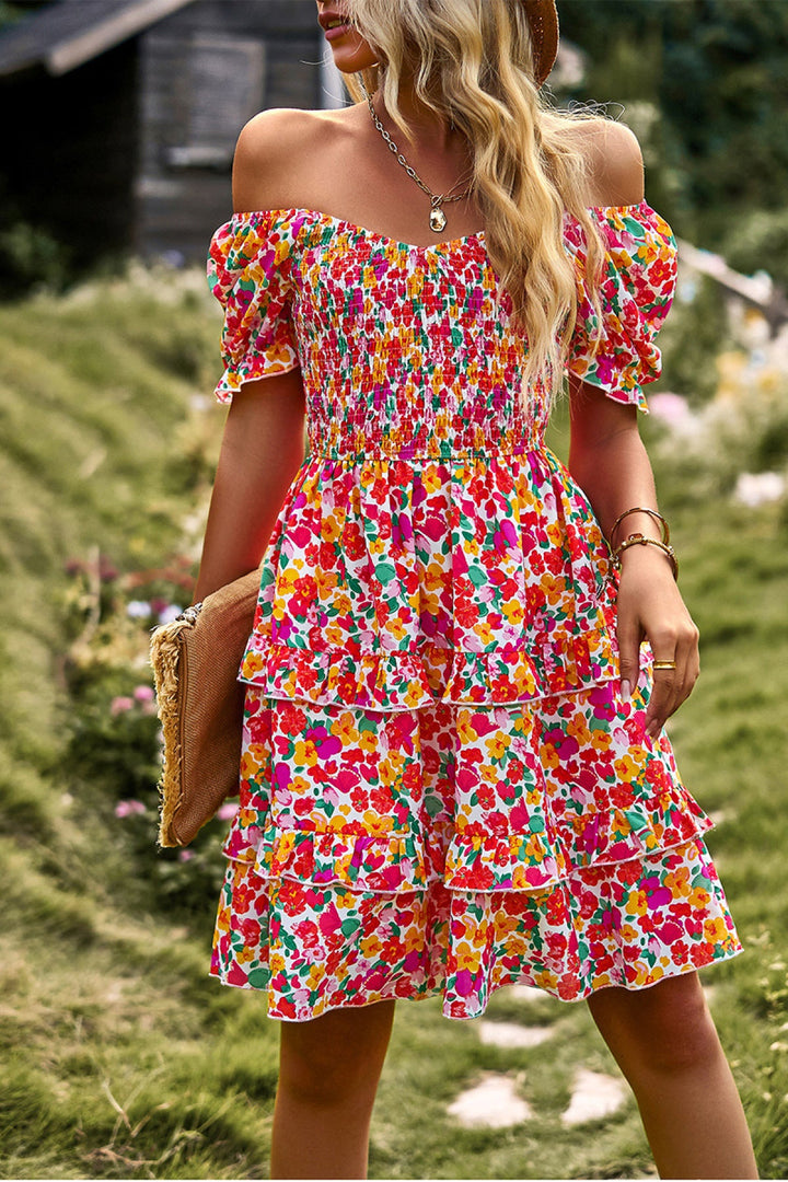 Floral Off-the-shoulder Puff Sleeve Tiered Dress
