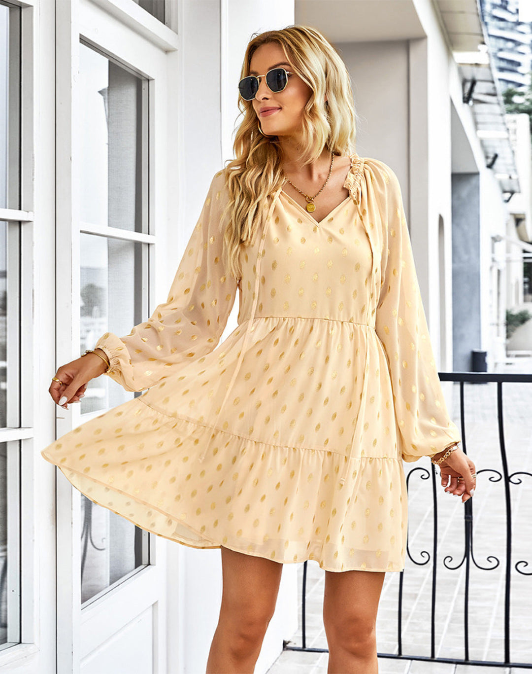 V-Neck Balloon Sleeve Polka Dot Dress - Mini Dress