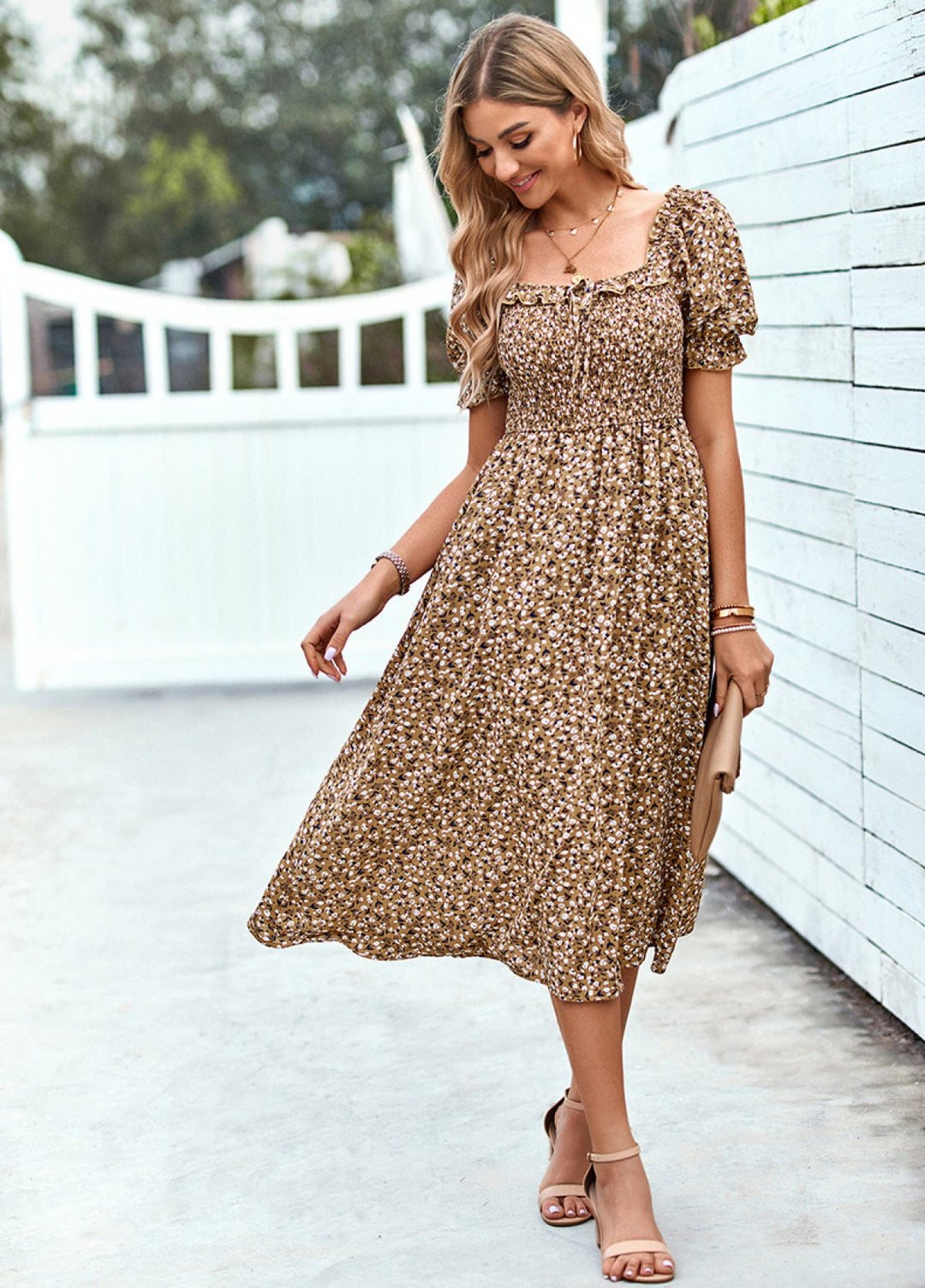 Ditsy Floral Square Neck Smocked Dress