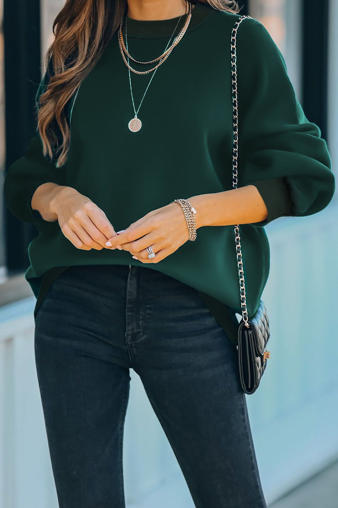 Solid Drop-Shoulder Pullover Sweatshirt