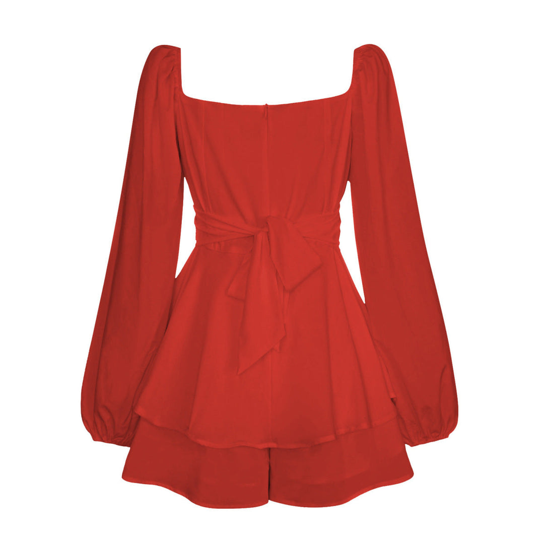 Balloon Sleeve Back Tie Tiered Romper