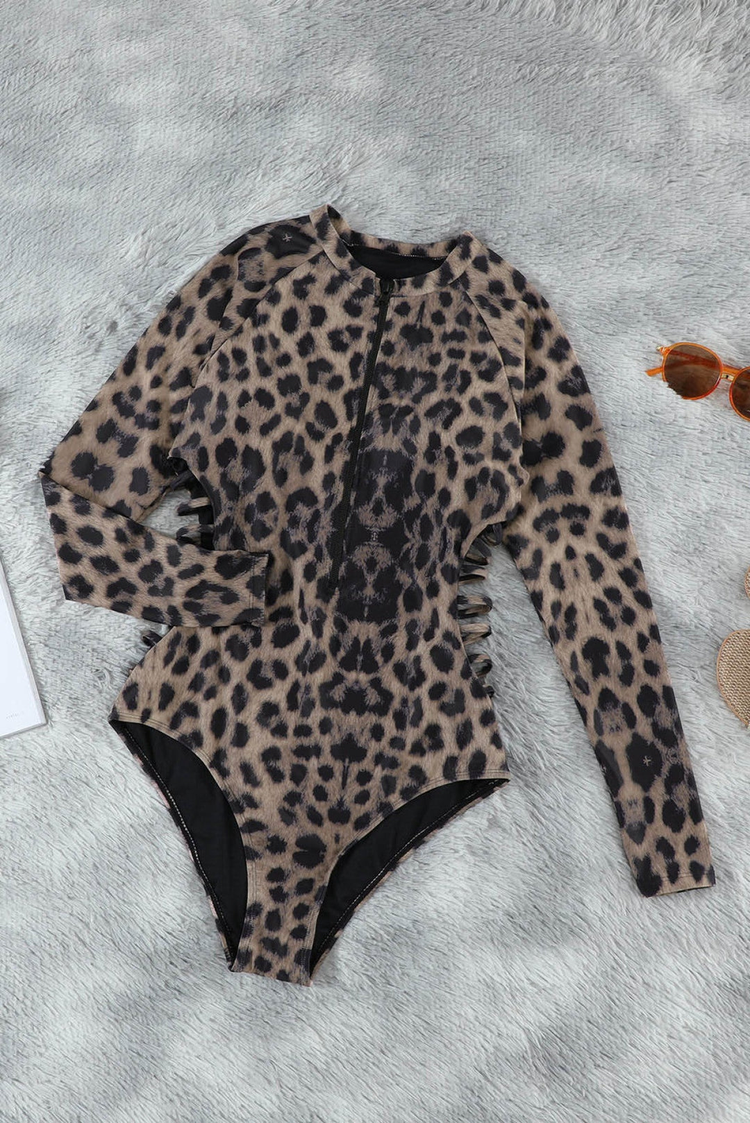 Leopard Print Zipper Cut-Out Swimsuit