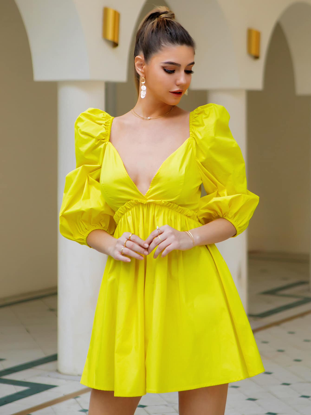 Neon Yellow Balloon Sleeve Frill Trim Skater Dress