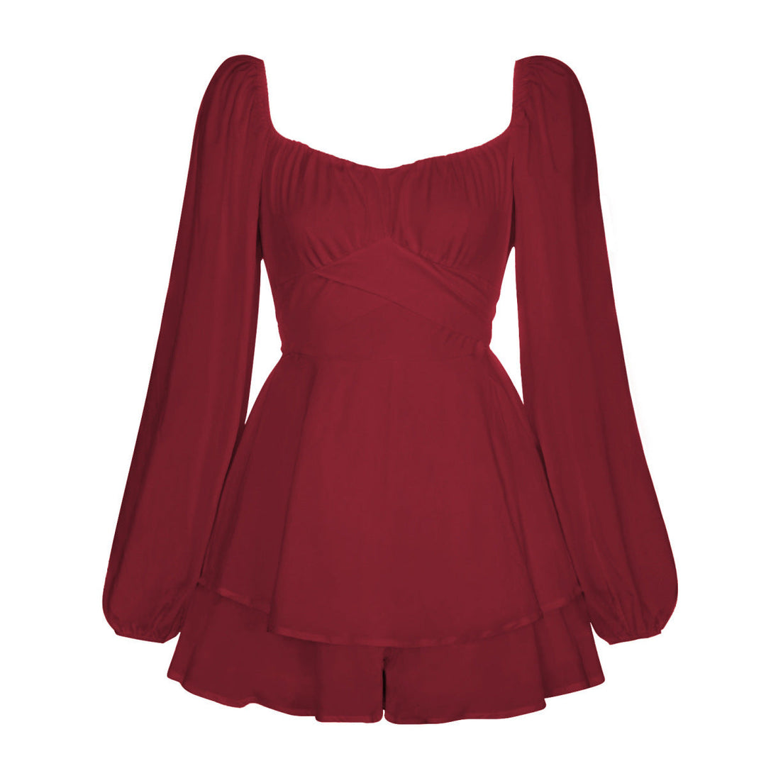 Balloon Sleeve Back Tie Tiered Romper