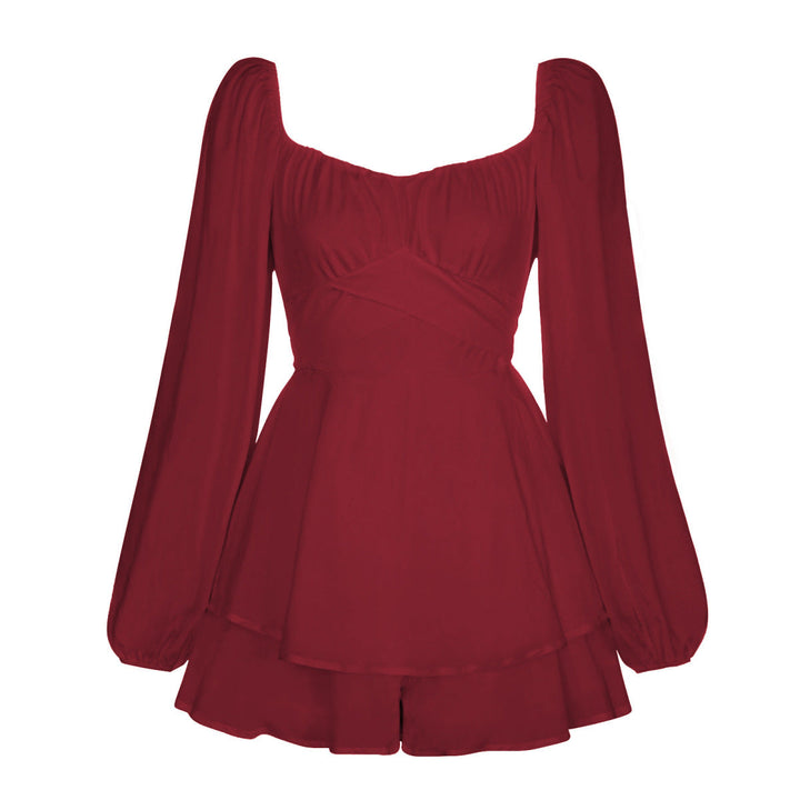 Balloon Sleeve Back Tie Tiered Romper