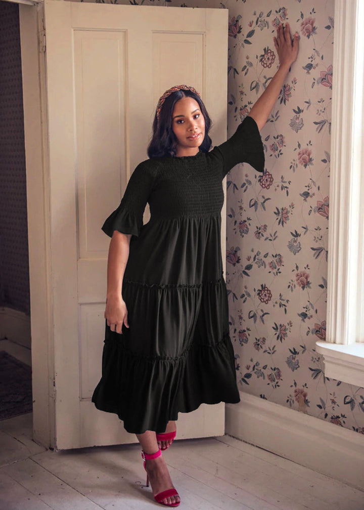 Round Neck Solid Color Smocked A-line Tiered-layered Dress