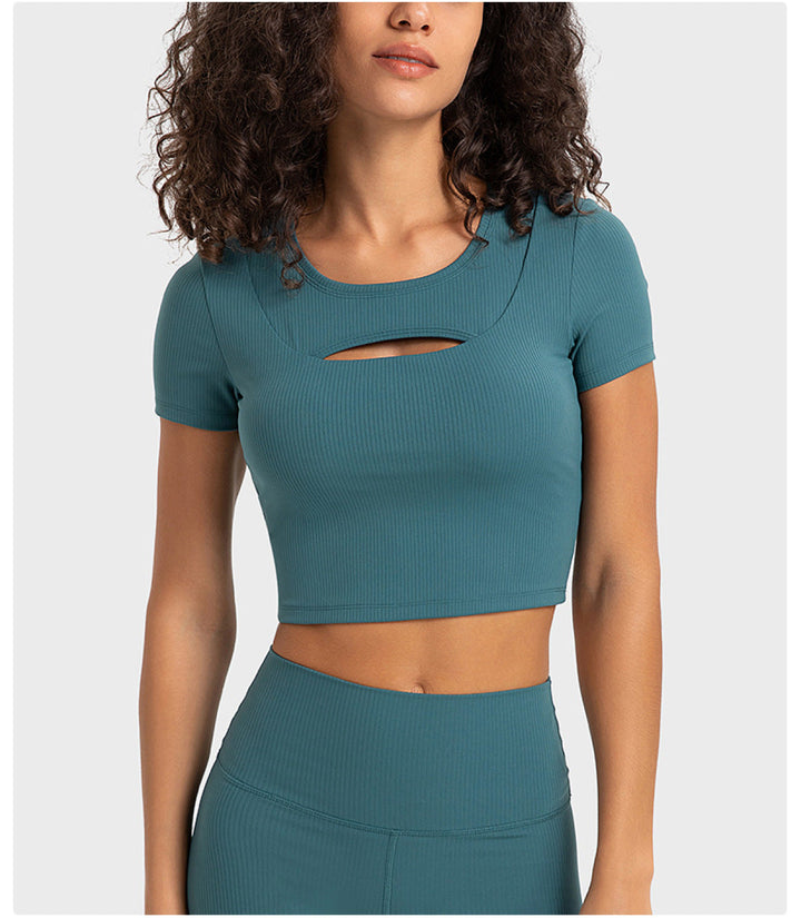 Solid Ribbed Round Neck Cut Out Crop Active Top