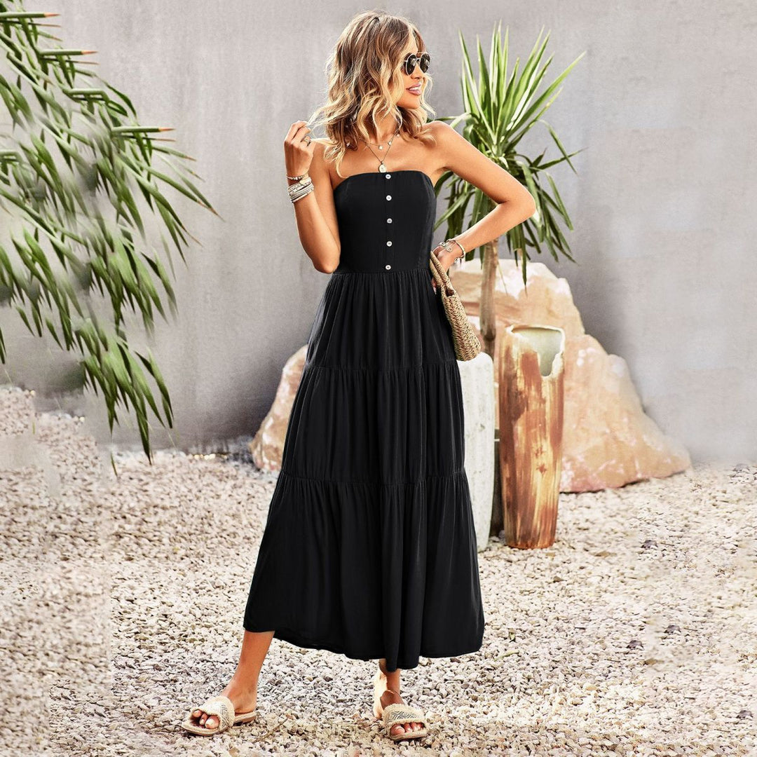 Strapless Buttoned Pleated Tiered Dress With Pocket