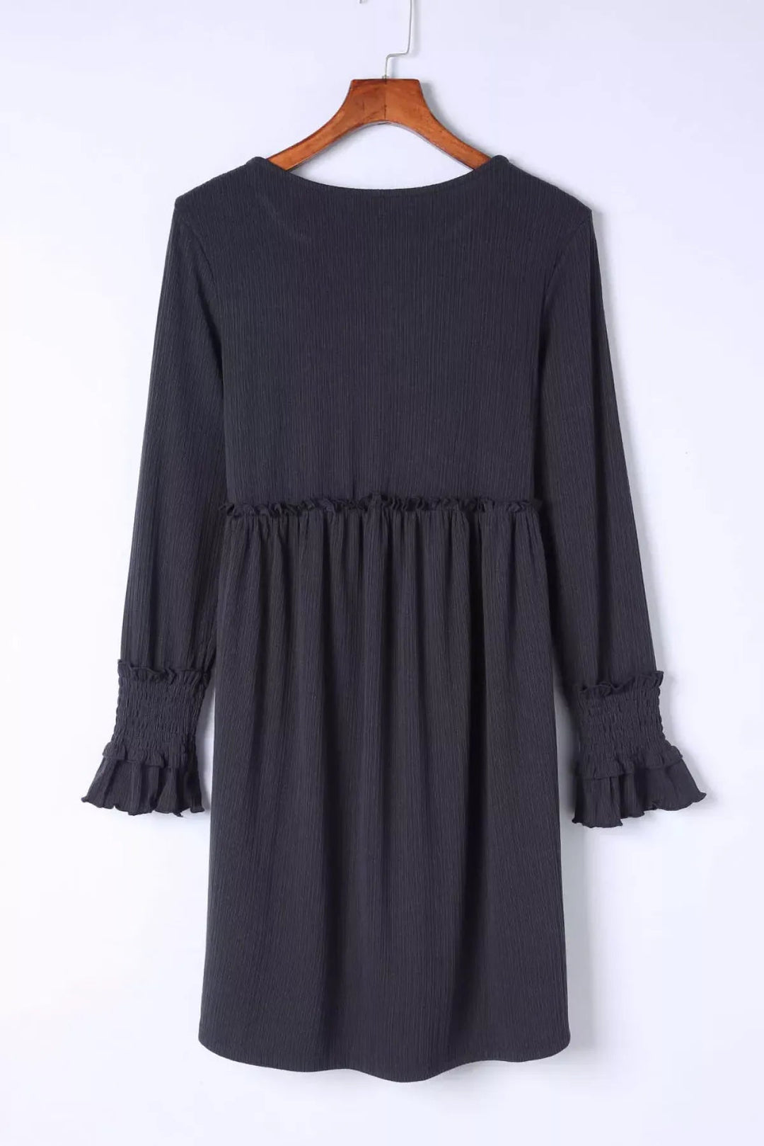 Gray Textured Button Long Sleeve Babydoll Dress