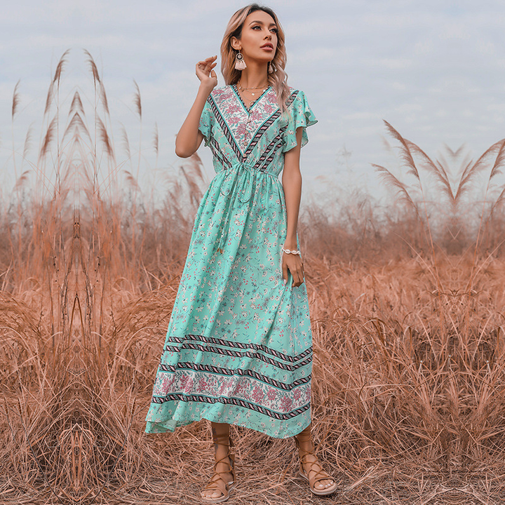 Women's V-Neck Floral Dress With Lace