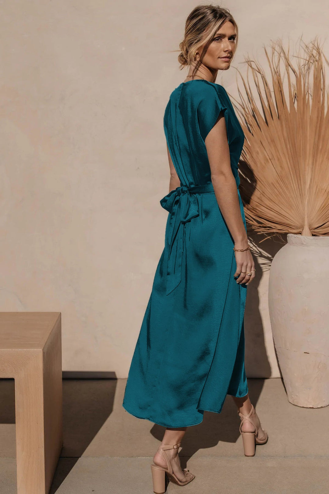 Solid Round Neck Tie Back Midi Dress