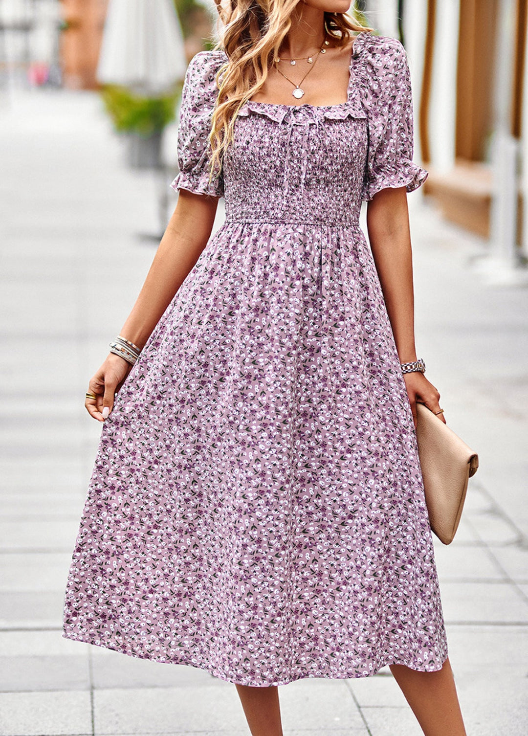 Ditsy Floral Square Neck Smocked Dress